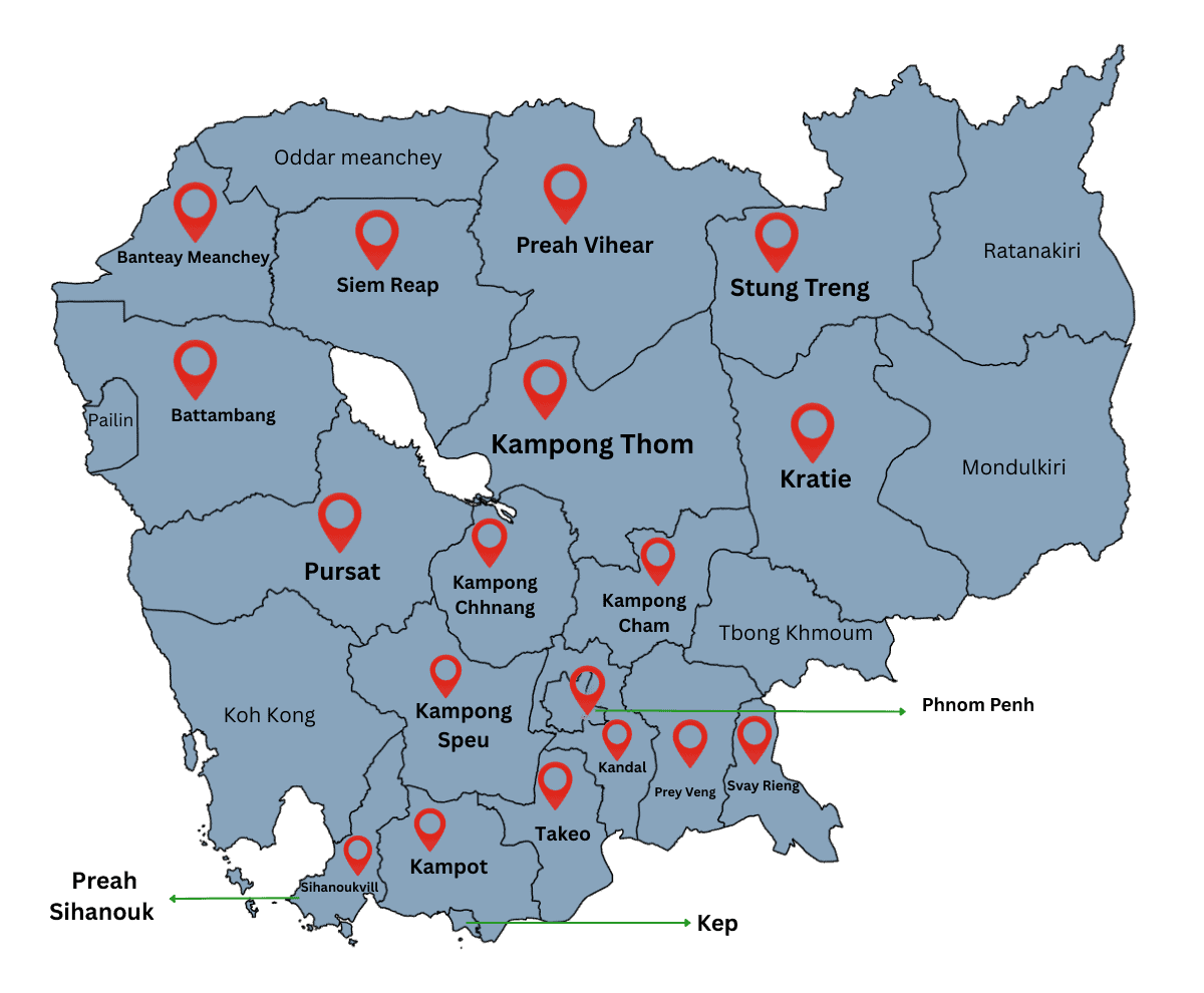 Map showing TDSO training locations across all 10 provinces in Cambodia